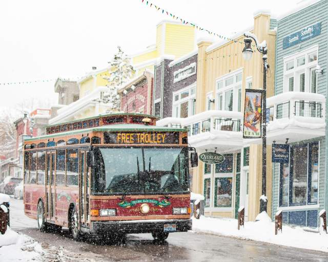 Trolley on Main Street on Snowy Winter Day