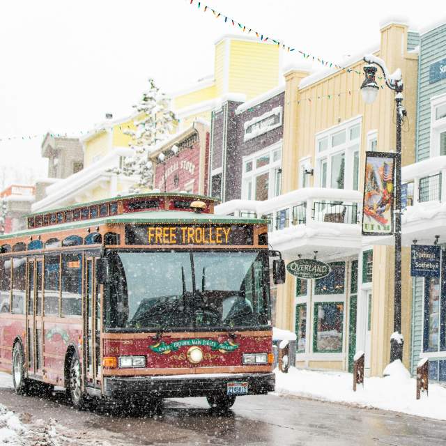 Trolley on Main Street on Snowy Winter Day