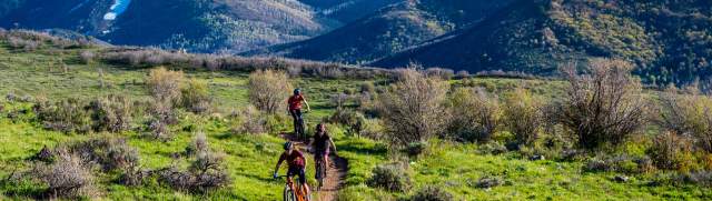 Three mountain bikers ride a trail through green grass and surrounded by snowy mountains in Park City, UT