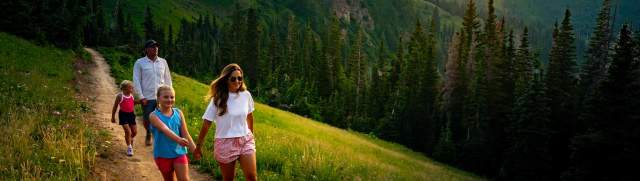 A family of four hikes on a trail above a green forest at sunset in Park City, UT