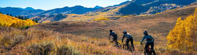 Three mountain bikers ride a trail above Fall foliage in Bonanza Flats near Park City, UT