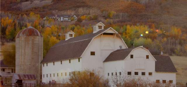 The white barn at dusk in Park City, UT