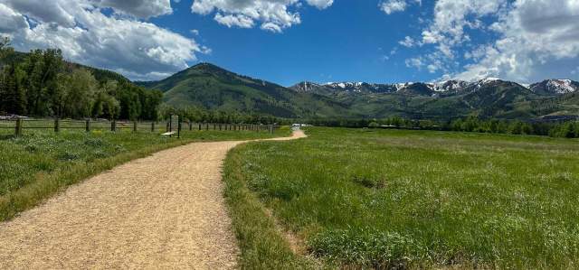 A gravel path in a meadow surrounded by green grass and trees in Park City, UT