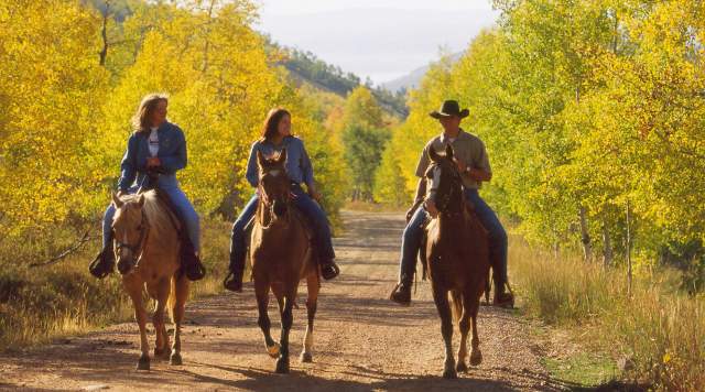 Three people ride horses down a dirt road surrounded by fall foliage in Park City, UT