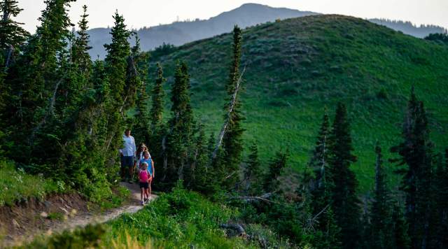 A family of four hike on a trail surrounded by tall green mountains in Park City, UT