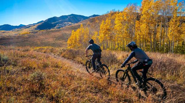 Two mountain bikers ride a trail overlooking an alpine meadow and colorful leaves in the fall