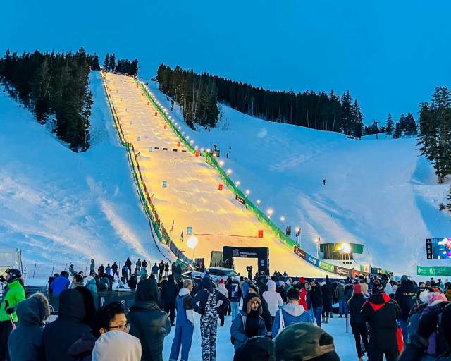 View of the moguls course at the FIS World Cup at dusk at Deer Valley