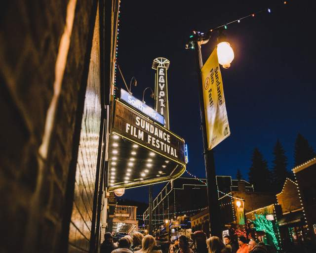 Egyptian Theatre Illuminates at Night During the Sundance Film Festival