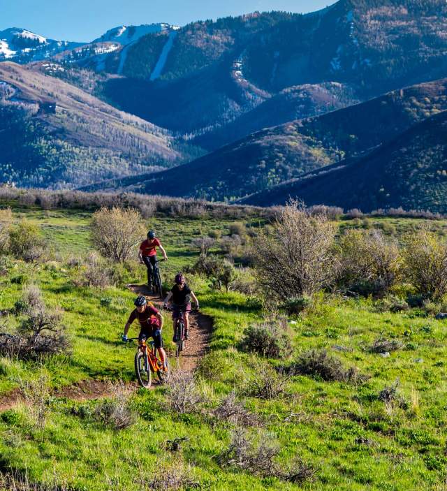 Three mountain bikers ride a trail through green grass and surrounded by snowy mountains in Park City, UT