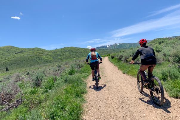 Two mountain bikers riding a dirt path