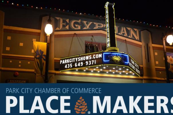 Placemakers banner over the Egyptian Theatre lit up at night in Park City, UT