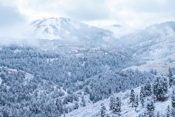 View of Park City and Deer Valley Resort covered in frost and snow on a cloudy morning