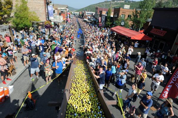 The Running of the Balls event on Miners Day on Main Street, Park City, UT