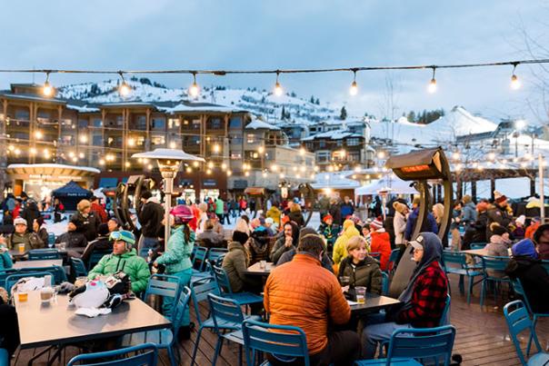 Outdoor bar at dusk in winter