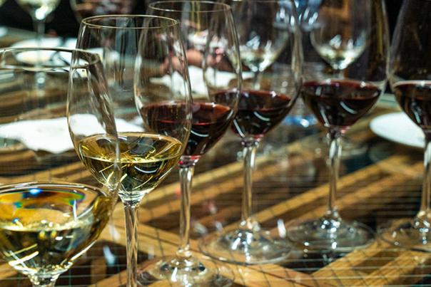 Flight of Wine Glasses in Tasting Room