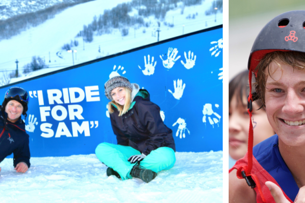 man and girl posing in front of ski rail.