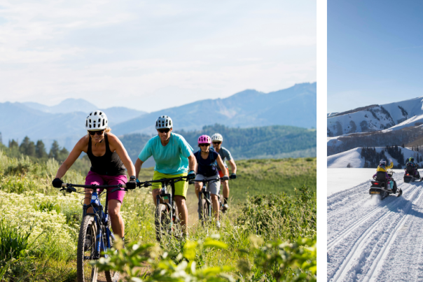 Three mountain bikes riding through a field. Three people snowmobiling on a snowy mountain