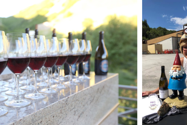 Wine tasting glasses and owner Kirsten Fox on the Wines and Mines tour
