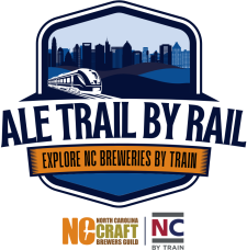 A logo that says, "Ale Trail by Rail: Explore NC Breweries by Train"; the logo simply presents a blue graphic of a train in front of a downtown skyline made up of buildings from each participating city; under the logo are also the N.C. Craft Brewers Guild and NC By Train logos