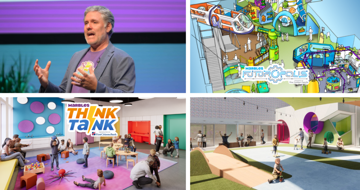 A collage of Marbles Kids Museum's presentation at the 2026 Annual Meeting featuring renderings and CEO Jonathan Fredericks.
