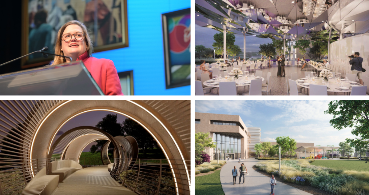 A collage of North Carolina Museum of Art's presentation during the 2026 GRCVB Annual Meeting featuring renderings and director of marketing and communications Lizzie Newton