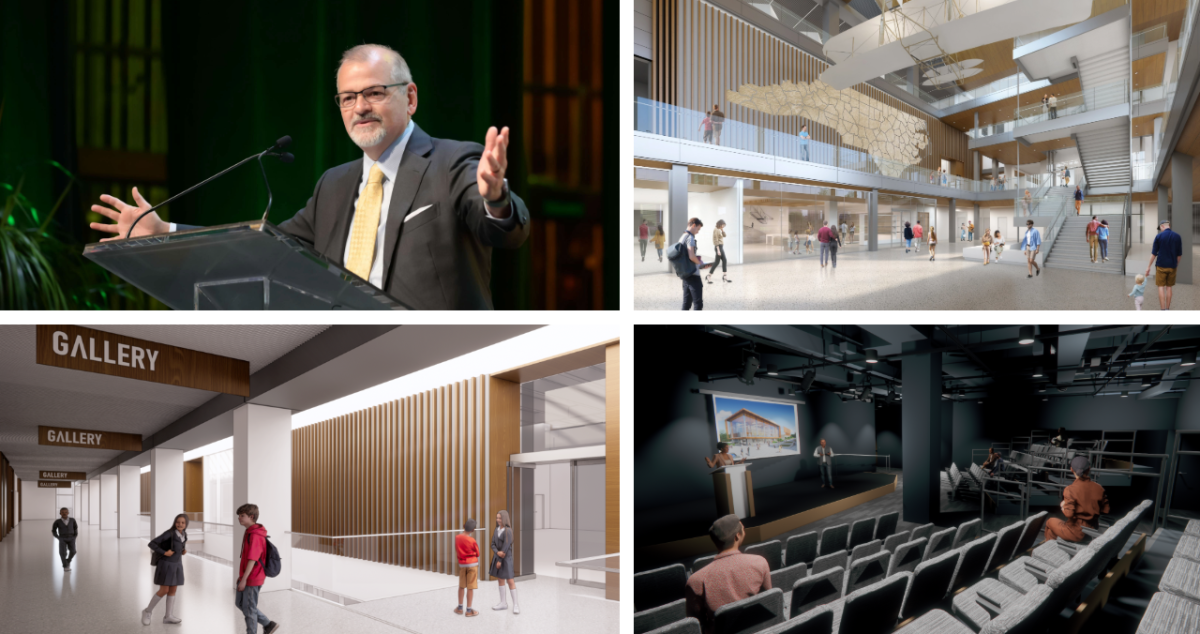 A collage of the presentation from the North Carolina Museum of History during the 2026 GRCVB annual meeting featuring executive director C.J. Roberts and renderings for the updates to the museum.