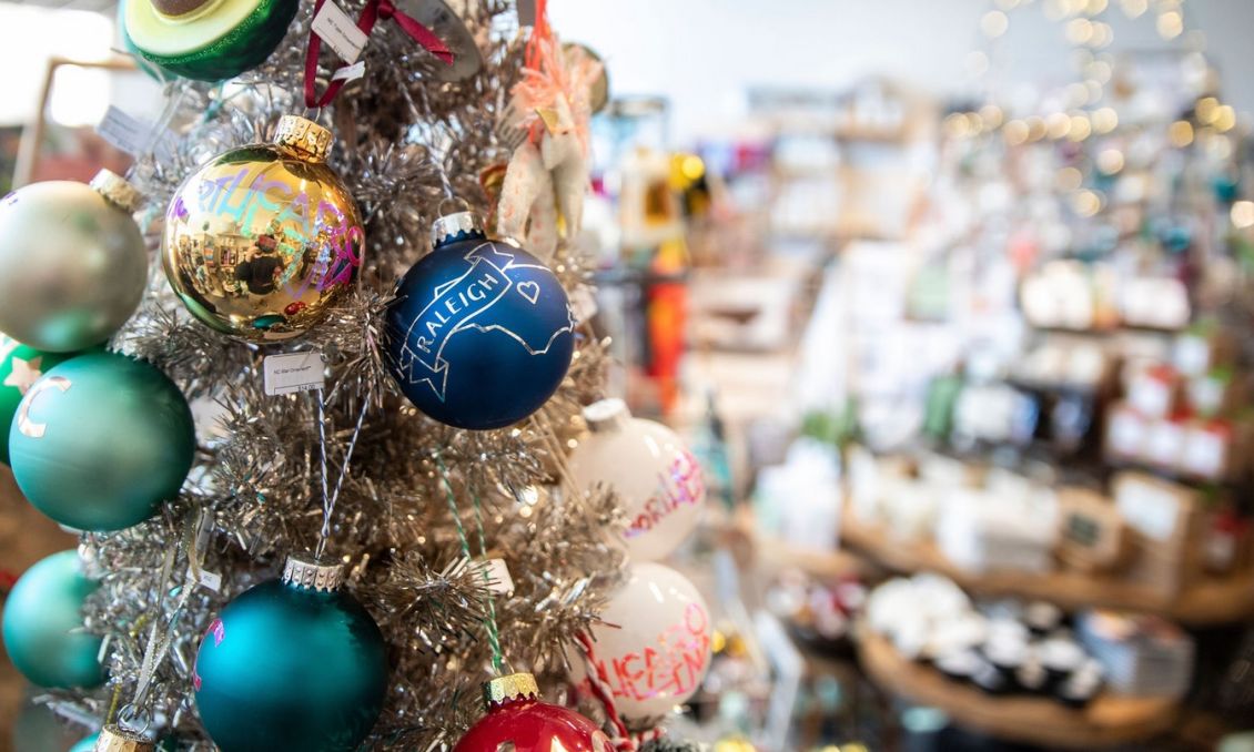 Christmas ornament with "Raleigh" written on it