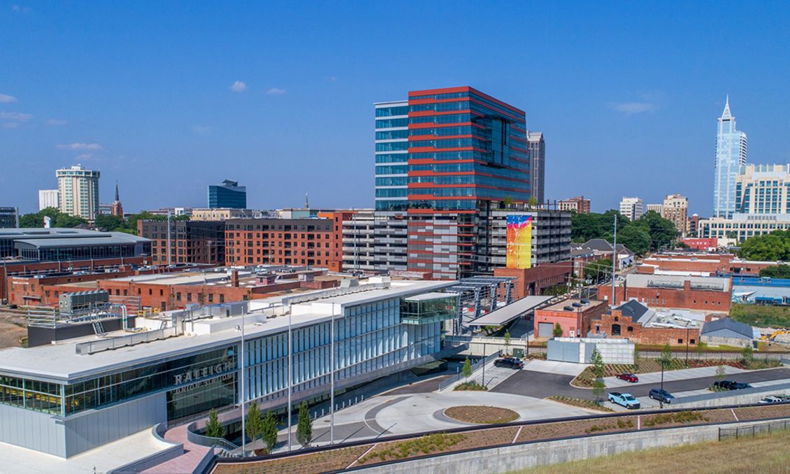 Panoramic view of Warehouse District and The Dillon in downtown Raleigh