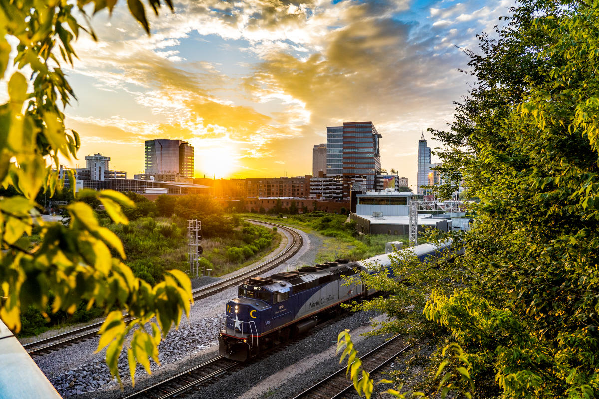 Downtown Raleigh skyline with train