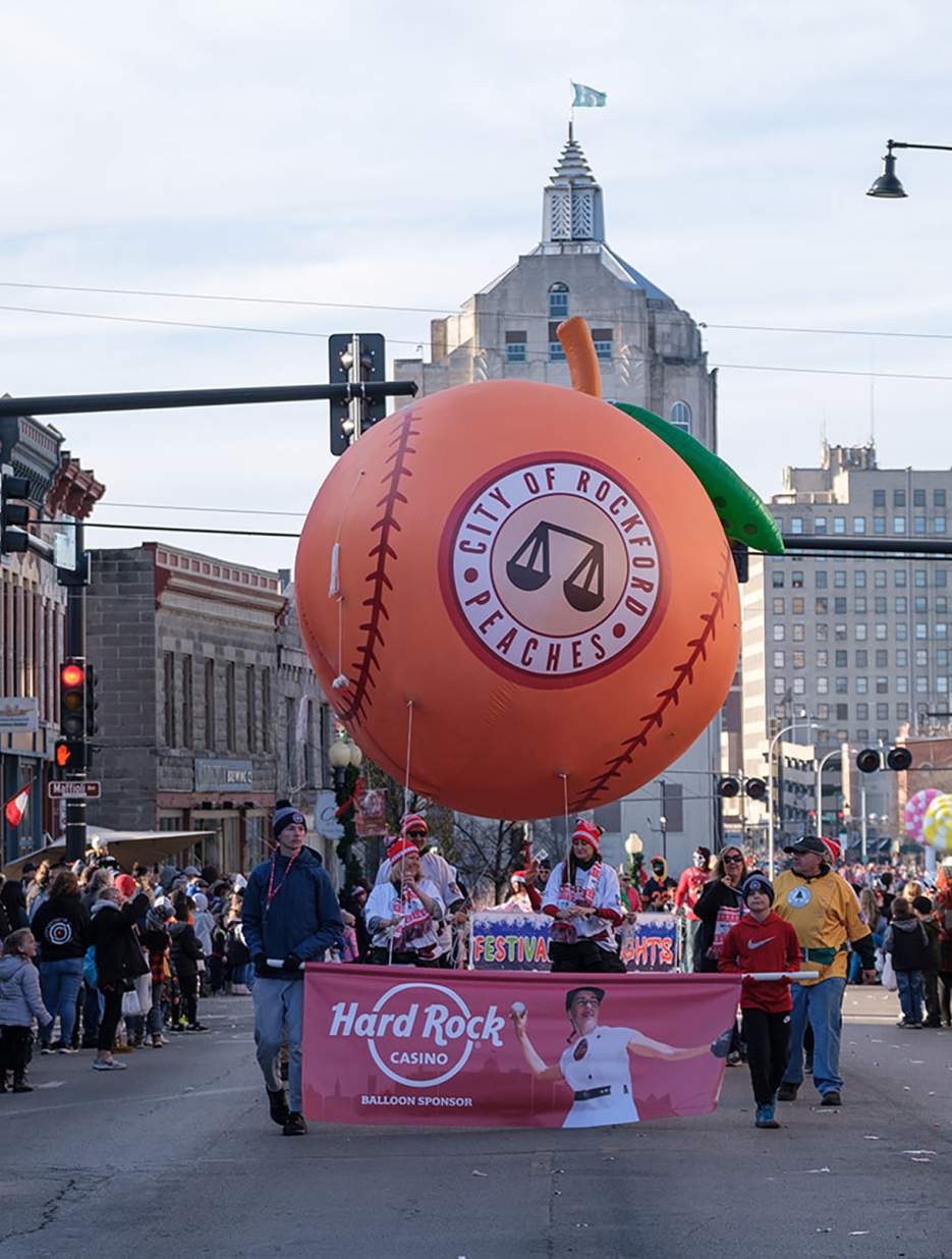 Rockford Peaches balloon at the 2022 Stroll on State parade