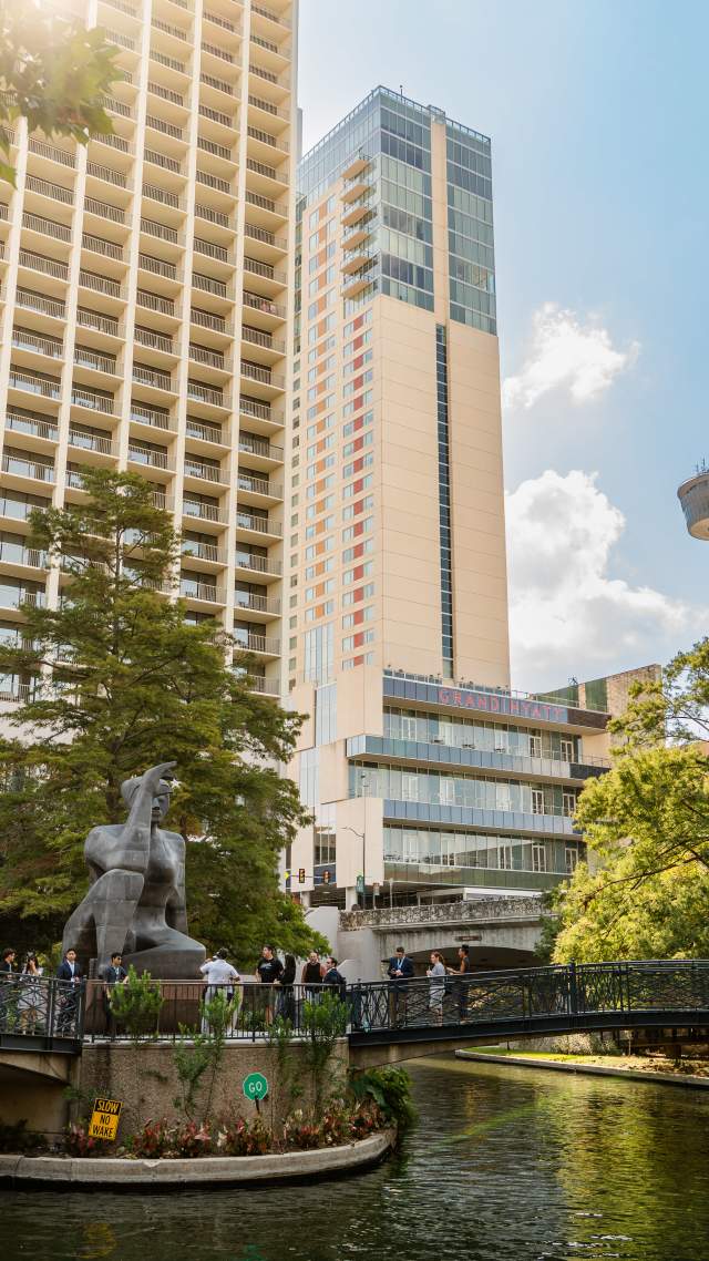 View of San Antonio River Walk overlooking Stargazer sculpture.