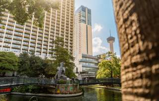View of San Antonio River Walk overlooking Stargazer sculpture.