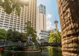 View of San Antonio River Walk overlooking Stargazer sculpture.
