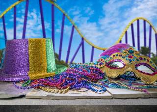 Mardi Gras accessories positioned in front of roller coaster