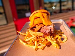 Barbecue sandwich with onion ring and fries