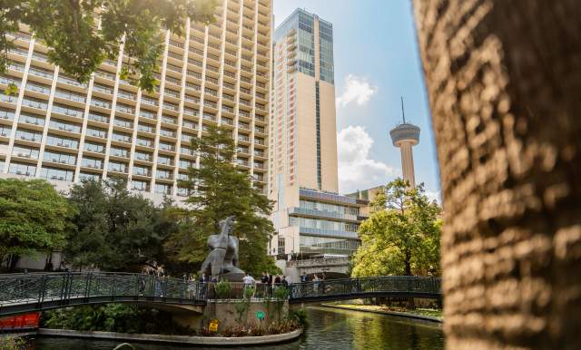 View of San Antonio River Walk overlooking Stargazer sculpture.