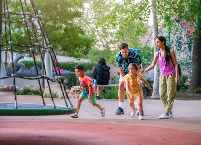Family with small children at Yanaguana Garden at Hemisfair.