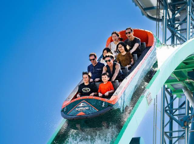 Family on rollercoaster on downward slope