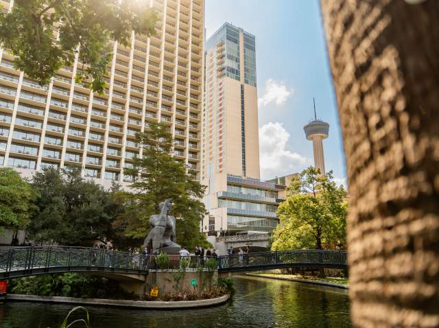 View of San Antonio River Walk overlooking Stargazer sculpture.