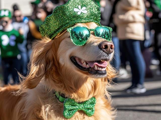 Dog with green hat, sunglasses, and bow tie.
