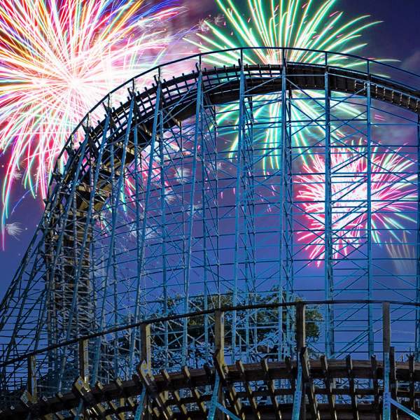 Fireworks over a rollercoaster