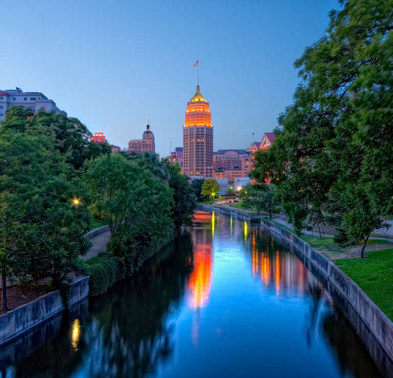 San Antonio Tower Life building lit up at night