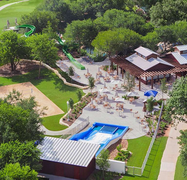 Bird's eye view of hotel resort with pool