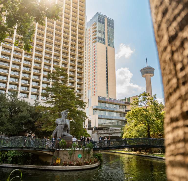 View of San Antonio River Walk overlooking Stargazer sculpture.