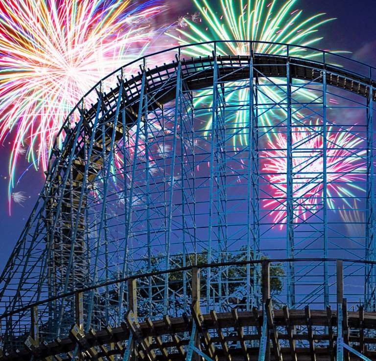 Fireworks over a rollercoaster