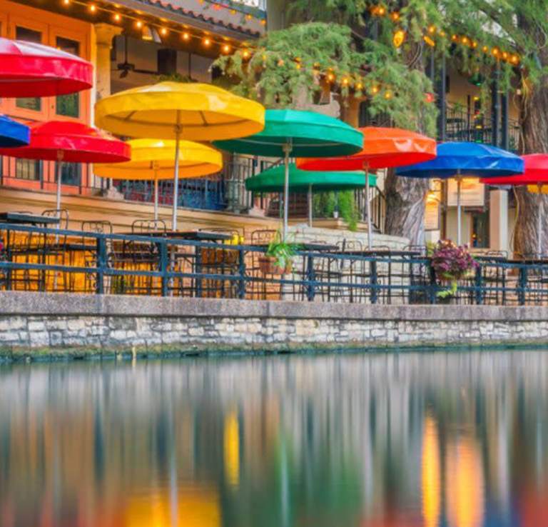 famous umbrellas along the San Antonio River Walk