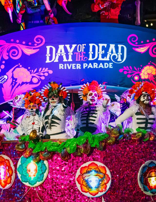 River barge decorated for Day of the Dead River Parade at San Antonio River Walk.