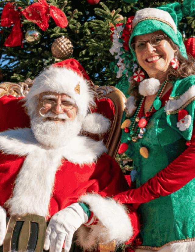 Santa and elf in front of christmas tree