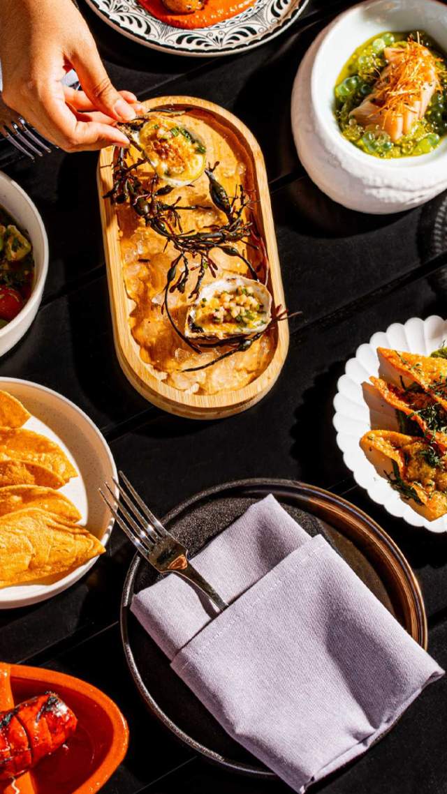Overhead view of spread of food at Tenfold bar at Kimpton Santo in San Antonio.