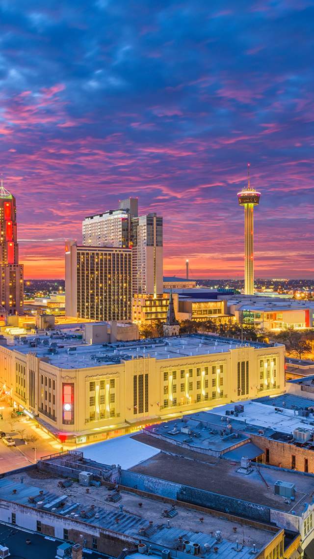 Overhead view of San Antonio skyline at dusk